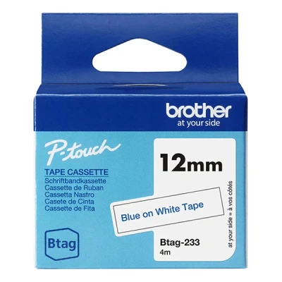 Image de Brother BTAG 233 Bleu sur blanc Rouleau (1,2 cm x 4 m) 1 cassette(s) boîte de suspension bande d&#039;étiquettes