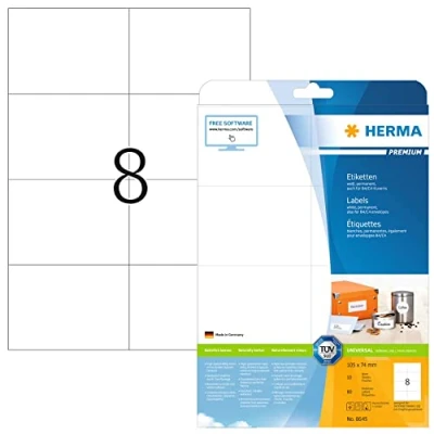 Afbeelding van HERMA 8645 universele etiketten A4 groot (105 x 74 mm, 10 velles, papier, mat) zelfklevend, bedrukbaar, permanente klevende adreslabels, 80 voor printer, wit