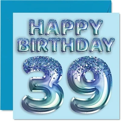 Afbeelding van Verjaardagskaart voor heren, 39e verjaardag, blauwe glitterballonnen, verjaardagskaarten mannen van 39 jaar, broer, vriend, oom, papa, 145 mm x mm, negenendertigste verjaardag