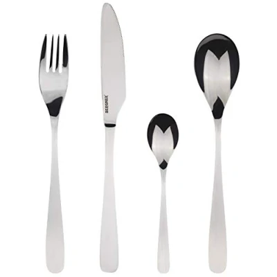 Afbeelding van BERGNER Lisboa 16 delige bestekset met 4 messen, vorken, lepels en theelepels, roestvrij staal 18/10, avant garde modern design, vaatwasmachinebestendig, gepolijst oppervlak