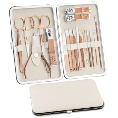Afbeelding van Manicure Set 18 delige nagelverzorgingsset, pedicureverzorgingsset, nagelknipper voor dames en heren, roestvrijstalen nagelset, nageletui, beautyset, draagbaar op reis (roségoud)