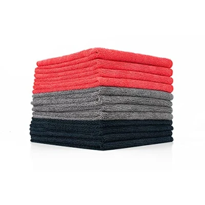 Afbeelding van THE RAG COMPANY (12) 40 cm. x Multifunctionele commerciële kwaliteit, zeer absorberende pluisvrije microvezel, streepvrije schoonmaakhanddoeken cm zwart/grijs/rood