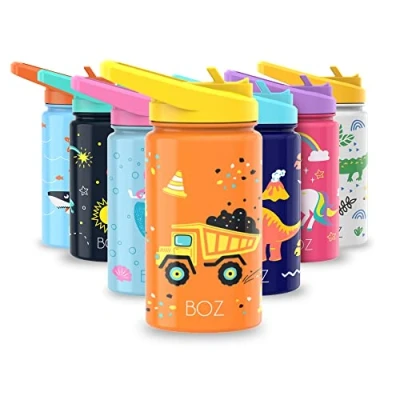 Afbeelding van BOZ Thermosfles voor kinderen, met rietje, 414 ml, lekvrije waterfles warme of koude dranken, dubbelwandig, geïsoleerd roestvrij staal, krasbestendig, handvat, BPA vrij (bouw)