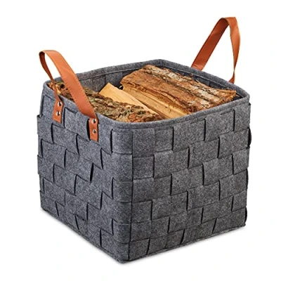 Afbeelding van Relaxdays Vilten mand gevlochten opbergmand vilt opvouwbare houtmand met hengsels donkergrijs