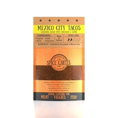 Afbeelding van de taco&#039;s van stad Mexico door Spice Cartell. Perfect om je en fajita&#039;s een nieuw levenscontract te geven! 35 hersluitbare zakjes handgemaakt in het Verenigd Koninkrijk.