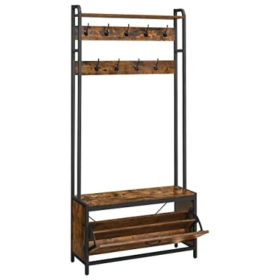 Afbeelding van VASAGLE Entreekast met bank, 9 haken en plank, kapstok, garderobe, voor hal, slaapkamer, industriële stijl, rustiek bruin zwart HSR405B01