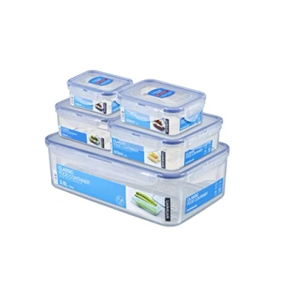 Afbeelding van Classic Voorraaddozenset, 5 delig, 180 ml, 350 600 870 3,6 l, 100% lucht en waterdicht, slim sluitsysteem, vershouddozen koelkast vriesvak
