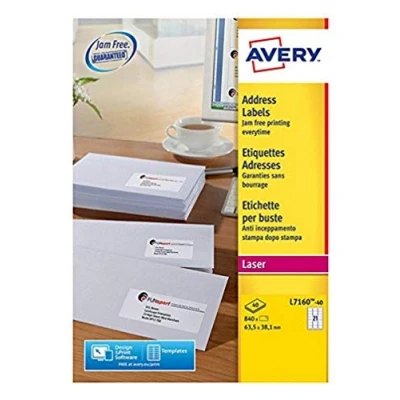Afbeelding van AVERY Verpakking met 840 zelfklevende adresetiketten, personaliseerbaar, bedrukbaar, formaat 63,5 x 38,1 mm, laserdruk, (L7160 40)