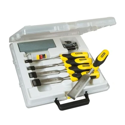 Image de Stanley 5 16 421 Kit Ciseaux Ã Bois + Embouts Dynagrip Pièces Tête De Frappe En Acier Lame Carbone Inclue une Pierre Aiguiser Et L&#039;Huile, STA516421, Jaune
