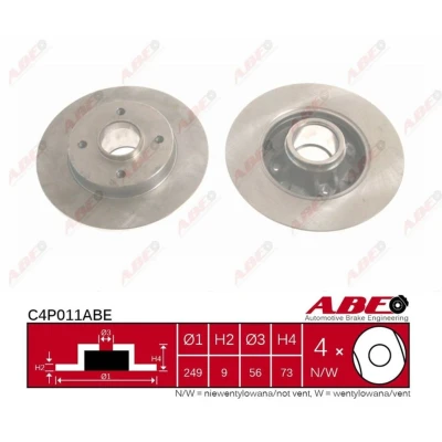 Afbeelding van ABE C4P011ABE Remschijf Achteras 249 9 4 56 volledig Zonder wiellagerset, ABS sensorring PEUGEOT: 2008 Estate, 208 I Hatchback, 207 Hatchback