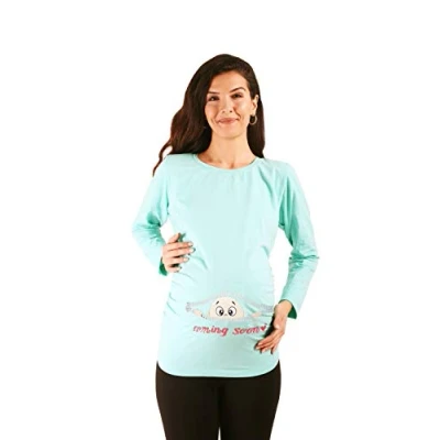 Afbeelding van M.M.C. Coming Soon grappig schattig zwangerschapsshirt sweatshirt met motief voor de zwangerschap, lange mouwen, Mint, S