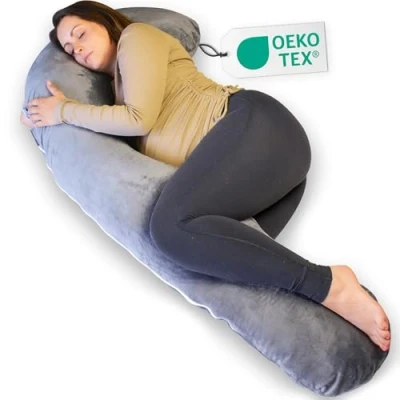 Afbeelding van Ella® Zwangerschapskussen XXL J vorm Zijslaapkussen Lichaamskussen Voedingskussen Body Pillow 155cm Afneembare Minky Fleece Hoes Grijs