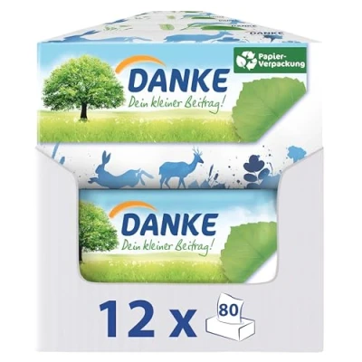 Afbeelding van DANKE zakdoeken in rechthoekige doos met 4 lagen 12 dozen, 80 per 100% gerecycled milieuvriendelijk papier, dermatologisch getest