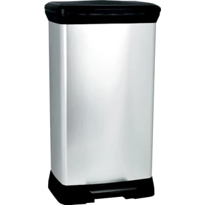 Afbeelding van CURVER Decobin Rechthoekige afvalbak, 50 l, zachte sluiting, metaallook, voor keuken, kantoor, badkamer, 39 x 29 72 cm, grijs, gerecycled