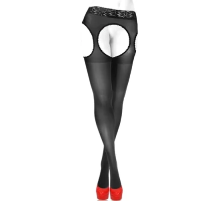Afbeelding van Sesto Senso Panty met bandjes, open kruis, kanten kousenband riem, 15 denier, zwart.