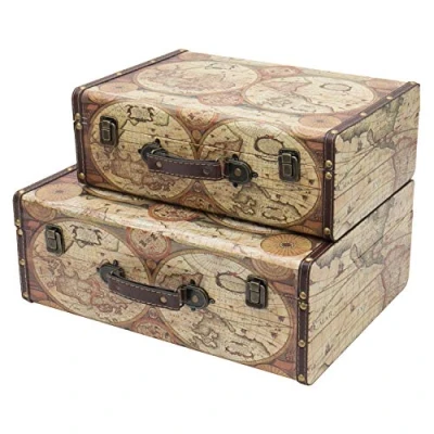 Afbeelding van HMF VKO104 Set van 2 vintage houten koffers, maten, decoratie wereldkaart, kleur
