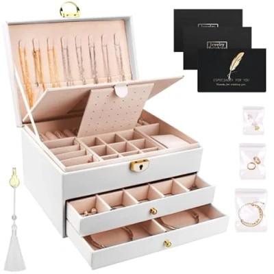 Afbeelding van TEGOVE Sieradendoosje met 3 niveaus, sieradendoos, 2 laden, sieradenorganizer, sieradendoos horlogekussen, slot en sleutel, voor horloges, ringen, oorbellen, halskettingen, nr, Nee, geen
