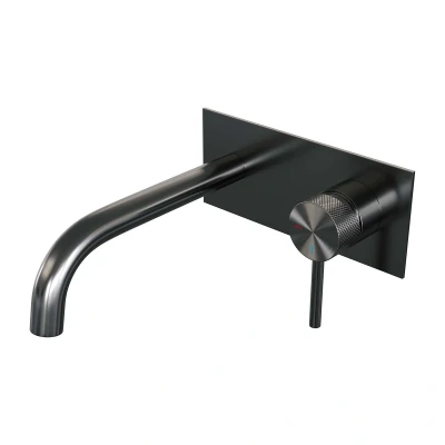 Afbeelding van Brauer Gunmetal carving Wastafelmengkraan inbouw gebogen uitloop links hendel lang smal afdekplaat model A 1 PVD geborsteld