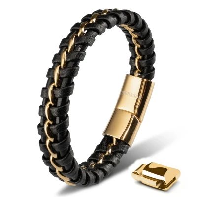 Afbeelding van SERASAR Lederen Armband Heren [Steel] Goud 17cm met Sieradengeschenkdoos