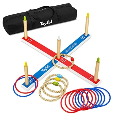 Afbeelding van Toyfel Mitty Toss Ring Werpspel Hout FSC® met 15 Ringen (10x plastic &amp; 5x touw hoepels) Tuin Spel voor Kinderen Volwassenen Buiten Binnen