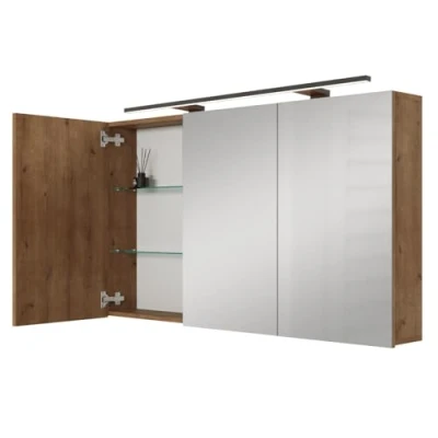 Afbeelding van Planetmöbel ARIA Spiegelbadkamerkast met verlichting, 120 cm breed, om op te hangen, spiegel, gouden eiken, lamp en stopcontact, spiegelkast voor gasten, x 70 16