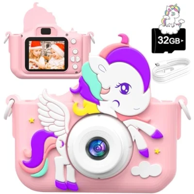 Afbeelding van Digitale kindercamera, HD 1080p, 5,1 cm display, 32 GB kaart, verjaardag, selfiecamera voor meisjes (roze)