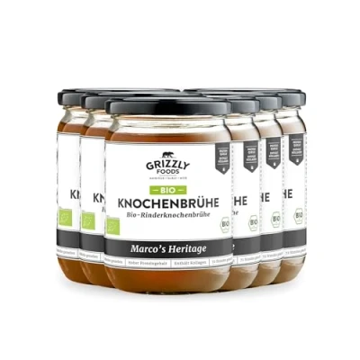 Afbeelding van Grizzly Foods Biologische runderbottenbouillon (6 x 500 ml) 25 g collageen per glas 72 uur gekookt 100% natuurlijk zonder suiker, toevoegingen waardevolle voedingsstoffen bone broth bouillon