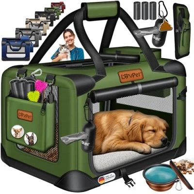 Afbeelding van LOVPET® reisBench Hondenbench hondenbox honden transportbox opvouwbaar incl. transportzak hondenbak voor huisdieren, en katten XXXL, Khaki