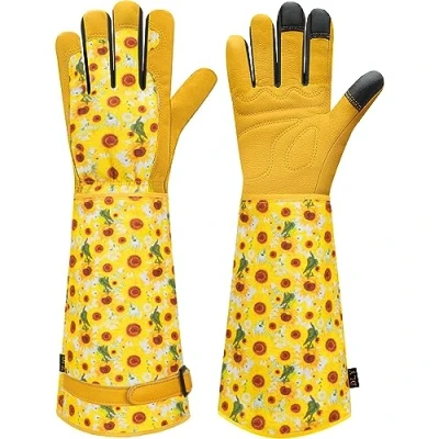 Afbeelding van tuinhandschoenen voor dames en heren, doornbestendige met bescherming van de voorarmen, roze handschoenen, leren het snoeien rozen, planten, plukken,