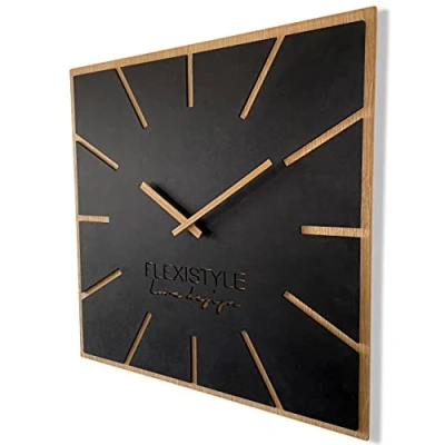 Afbeelding van FLEXISTYLE Grote moderne vierkante wandklok van hout, Exact ECO, stil, woonkamer, slaapkamer, gemaakt in de EU (zwart, 60 cm)