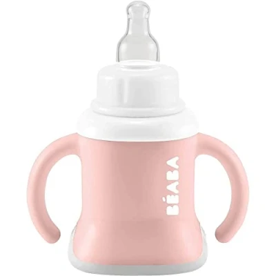 Afbeelding van BÉABA Trainingsbeker voor baby&#039;s, flessen/drinkfles/bekerfunctie, lekvrij, vergemakkelijkt het vasthouden, ergonomisch, rietje, 3 in 1 evoluclip, oudroze