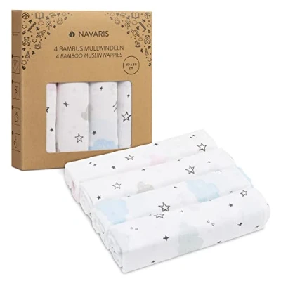 Afbeelding van Navaris mousseline doeken voor baby 4 stuks 80 x cm boertjes of als deken Superzacht viscose en katoen Wit/blauw ontwerp