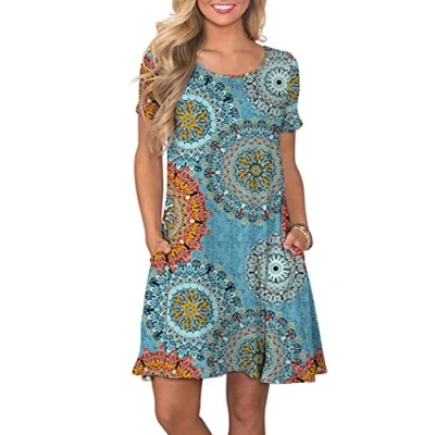 Afbeelding van AUSELILY Zomerjurk met A lijn voor dames, casual T shirtjurk korte mouwen en zakken dames