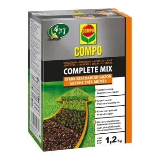 Afbeelding van COMPO Complete Mix herstel van sterk beschadigde gazons 4 in 1 : graszaden, potgrond, meststof + kalk snelle kieming doos 1,2 kg (6 m²)