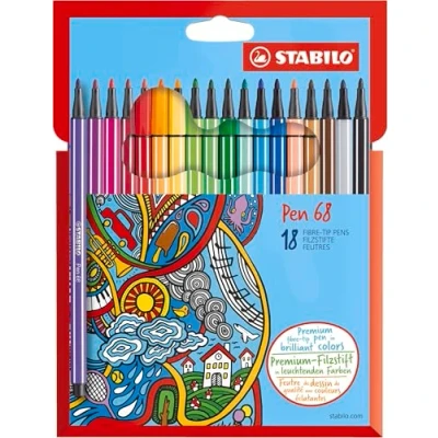 Afbeelding van Tekenstift Stabilo Pen 68 Kartonnen doos x 18 kleurstiften met middelgrote punt