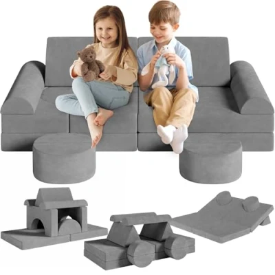 Afbeelding van Speelbank, modulaire bank, 14 delig, bouwstenen, speelbank voor kinderen en kinderstoel, knuffelhoek in de kinderkamer, om te spelen, creatief zijn, slapen (roze)