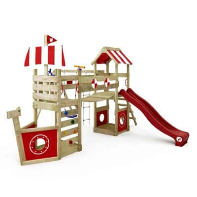 Afbeelding van WICKEY StormFlyer speelplaats van hout met schommel en rode glijbaan, klimtoren voor kinderen zandbak, ladder speelaccessoires de tuin.