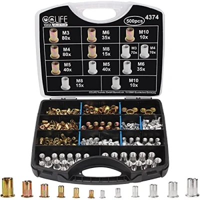 Image de CCLIFE Assortiment de 500 écrous à riveter M3 M4 M5 M6 M8 M10 tête plate rivets filetés Écrous aveugles en aluminium et acier galvanisé