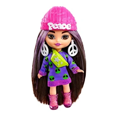 Afbeelding van Barbie pop, extra mini brunette pop met trui Alien jurk, kleding en accessoires vredesteken, HLN46