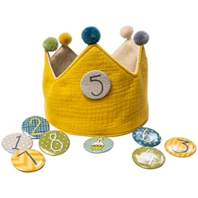 Afbeelding van Papierdrachen Verjaardagskroon van chiffon met cijferknoppen 1 tot 8, hoed voor verjaardagsfeest, decoratie jongens en meisjes (geel)