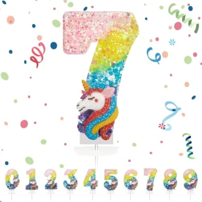 Afbeelding van Verjaardagskaarsen, cijfer 7, regenboog, eenhoorn, taartdecoratie, voor meisjes en jongens