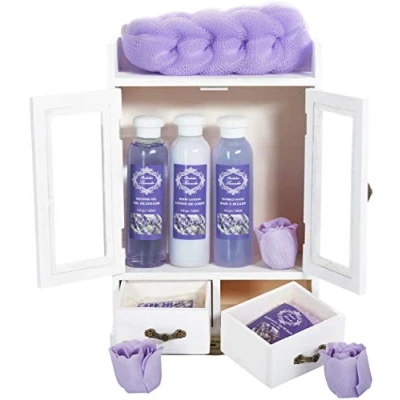 Afbeelding van BRUBAKER Cosmetics 10 delige Bad en Verzorgingsset Lavendel in een Vintage Houten Kastje Wit Moederdag tip cadeautje