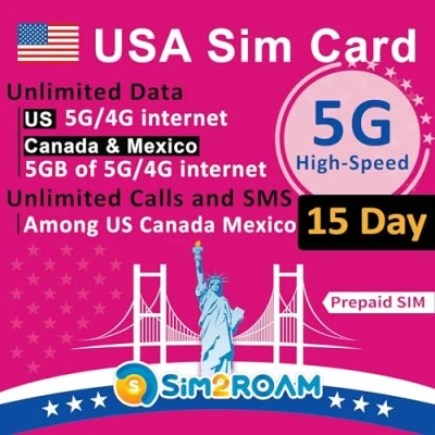 Afbeelding van USA Prepaid simkaart Onbeperkt 5G/4G internet in de VS (inclusief Hawaï) + 5 GB data Canada en Mexico bellen sms&#039;en tussen VS, (15 dagen)