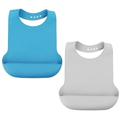 Afbeelding van LWMLWM Set van 2 wasbare siliconen slabbetjes voor volwassenen, herbruikbaar, mannen, vrouwen, waterdichte ouderen en gehandicapten, blauw, één maat, Blauw
