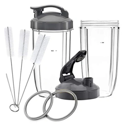Afbeelding van Vervangende onderdelen voor NutriBullet, 2 x 32oz hoge kopjes, flip top to go deksels, pakkingen en reinigingsborstel NBullet 600W 900W (7 delig)