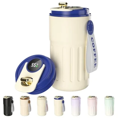 Afbeelding van Homealexa Koffiebeker met digitaal display, thermosfles, 410 ml, 316 roestvrij staal, vacuüm geïsoleerd, lekvrij, koffiedeksel