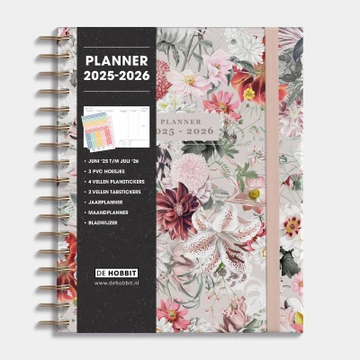 Afbeelding van Hobbit Luxe Weekplanner 2025 2026 1 week op 2 pagina&#039;s Harde Kaft Ringband Planner A5+ (23 x 18,5 cm) Bloemen