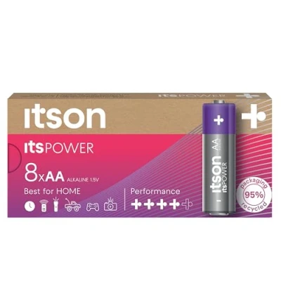 Afbeelding van ITSON, 8 x AA 1,5 V alkaline batterijen voor horloges, zaklampen, afstandsbedieningen, milieuvriendelijke verpakking, 95% gerecycled