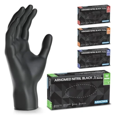Afbeelding van ARNOMED Zwarte wegwerphandschoenen, extra sterk, nitril handschoenen, maat M, 50% dikker, 1000 stuks, poedervrije latexvrije mechanische wegwerphandschoen in