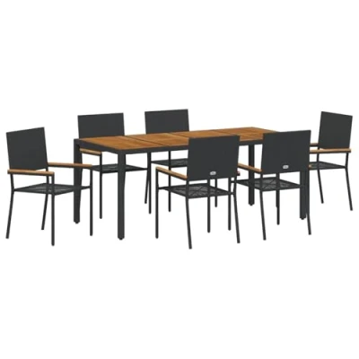 Afbeelding van vidaXL 7 Delige Tuin Eetset Zwart Poly Rattan, Stapelbare Stoelen met Kussens 2 Set in Rattan